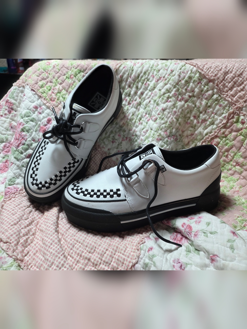 tuk White and Black Checker Platform Lace-Up Shoes
